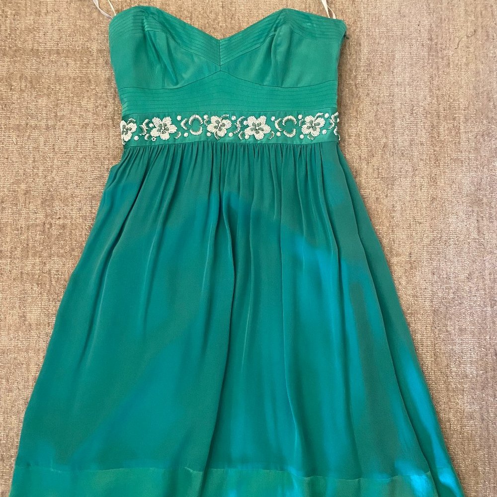 Shoshanna Green Strapless Midi Dress With White Beading, Size 8